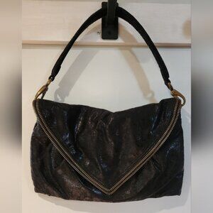 Matt And Nat Black Envelope Style Shoulder Bag, Wet Suede Look, Chunky Hardware‎